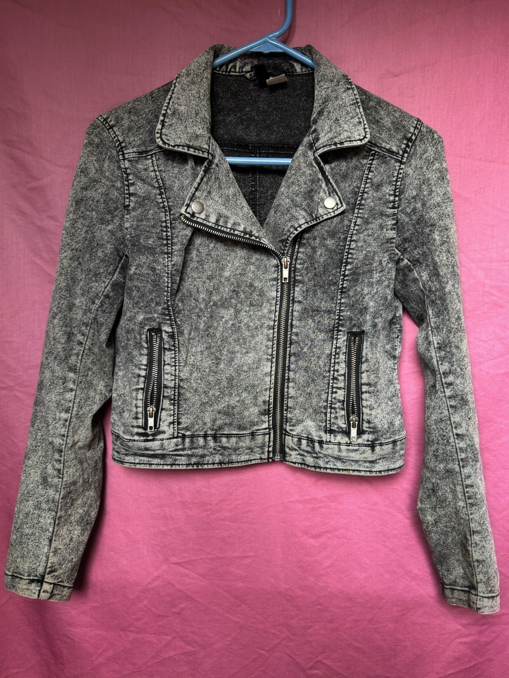 H&M Divided Gray Acid Wash Denim Moto Biker Jacket Sz 4